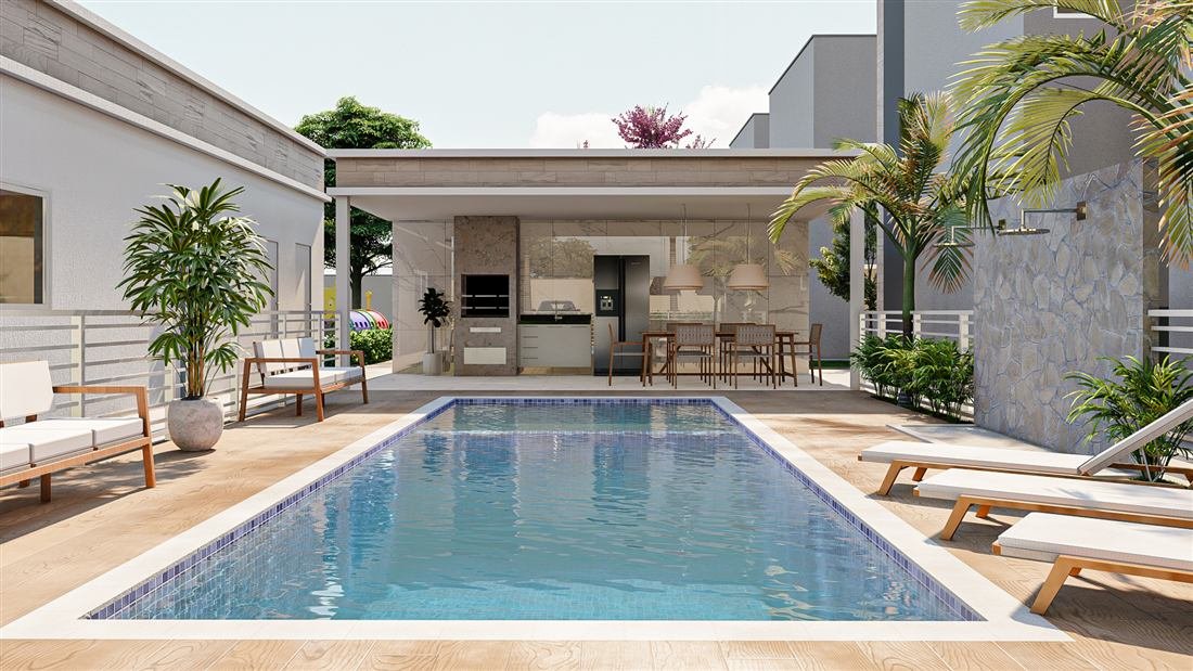 Área de lazer com piscina e deck de casa Villas