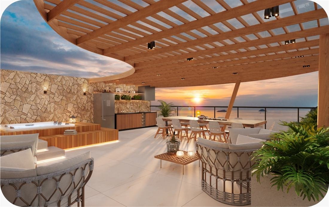 Rooftop com pergolado, jacuzzi e vista do pôr do sol sobre o mar