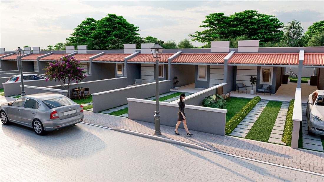 Casas do condomínio Villas VivaLar com rua arborizada e paisagismo